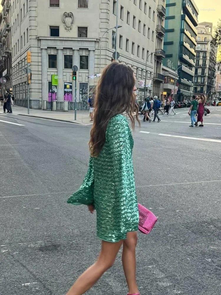 Casual Dresses Elegant Shiny Sequin V-neck Hollow Out Mini Dress Women Deep-v A-line Long Flare Sleeve Vestidos Sexy Fashion Lady Partywear