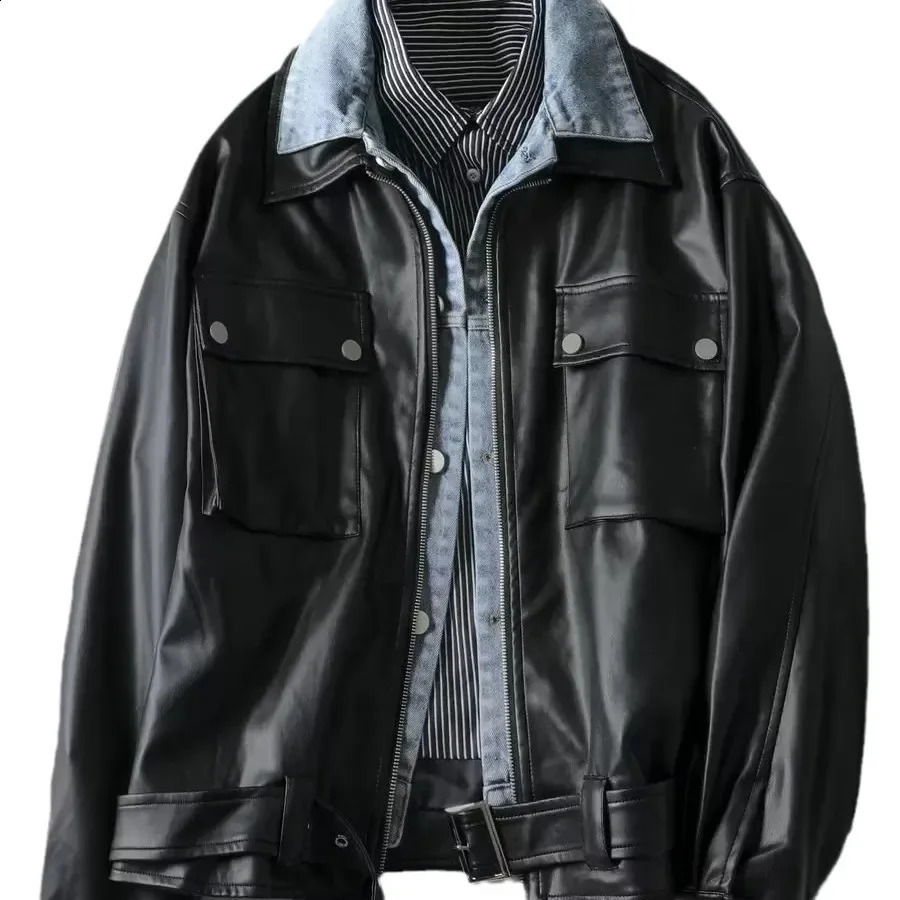 Trendy Two-piece Illusionjacket Denim Jacket For Men Spring Autumn Style Spliced Leather Jacket Versatile Lapel For Wear 240822