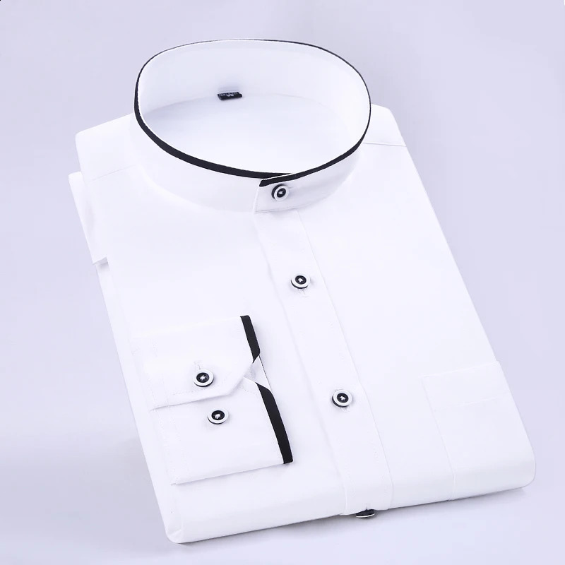 Mens Semi-formal Long-Sleeve Band-Collar Shirt Single Patch Pocket Regular-fit Business Activities Office Basic Dress Shirts 240822