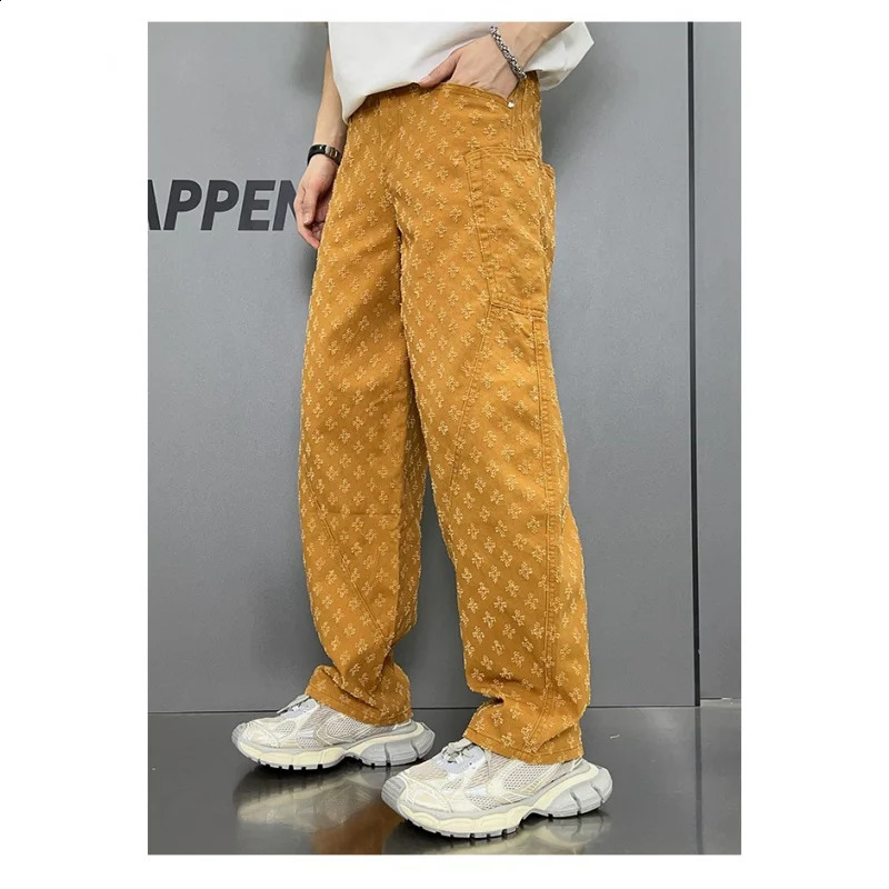 Personalized Jacquard Pattern Jeans Mens Straight Loose Bottom Embossed Pumpkin Color Pants 240821