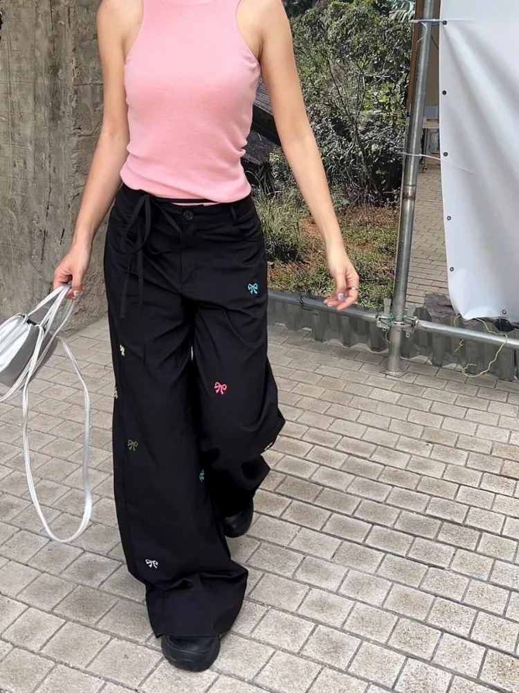 HOUZHOU Y2k Vintage Cargo Pants Woman Harajuku Embroidery Casual Gyaru Wide Leg Trousers Korean Fashion Streetwear Spring Loose 240821