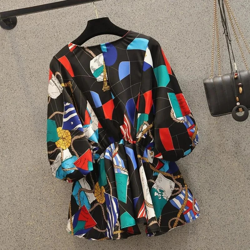 Geometric print chiffon street Vneck zipper loose womens shirt long sleeved clothing fashion 240822