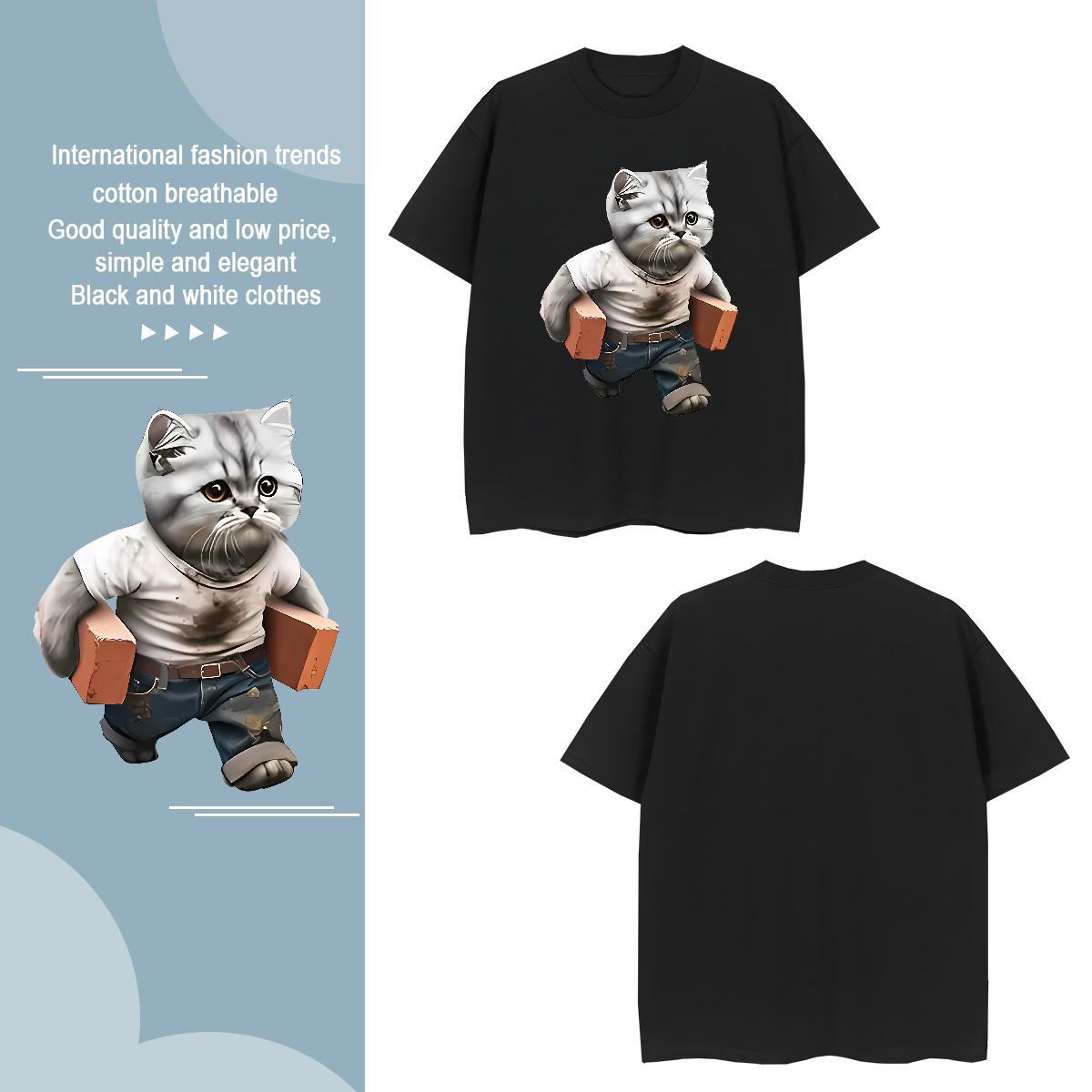 Cool T-Shirts for Men cat Breathable Crew Neck Sports Casual Custom Printed 230g Cotton Tshirts Brand Top Tees