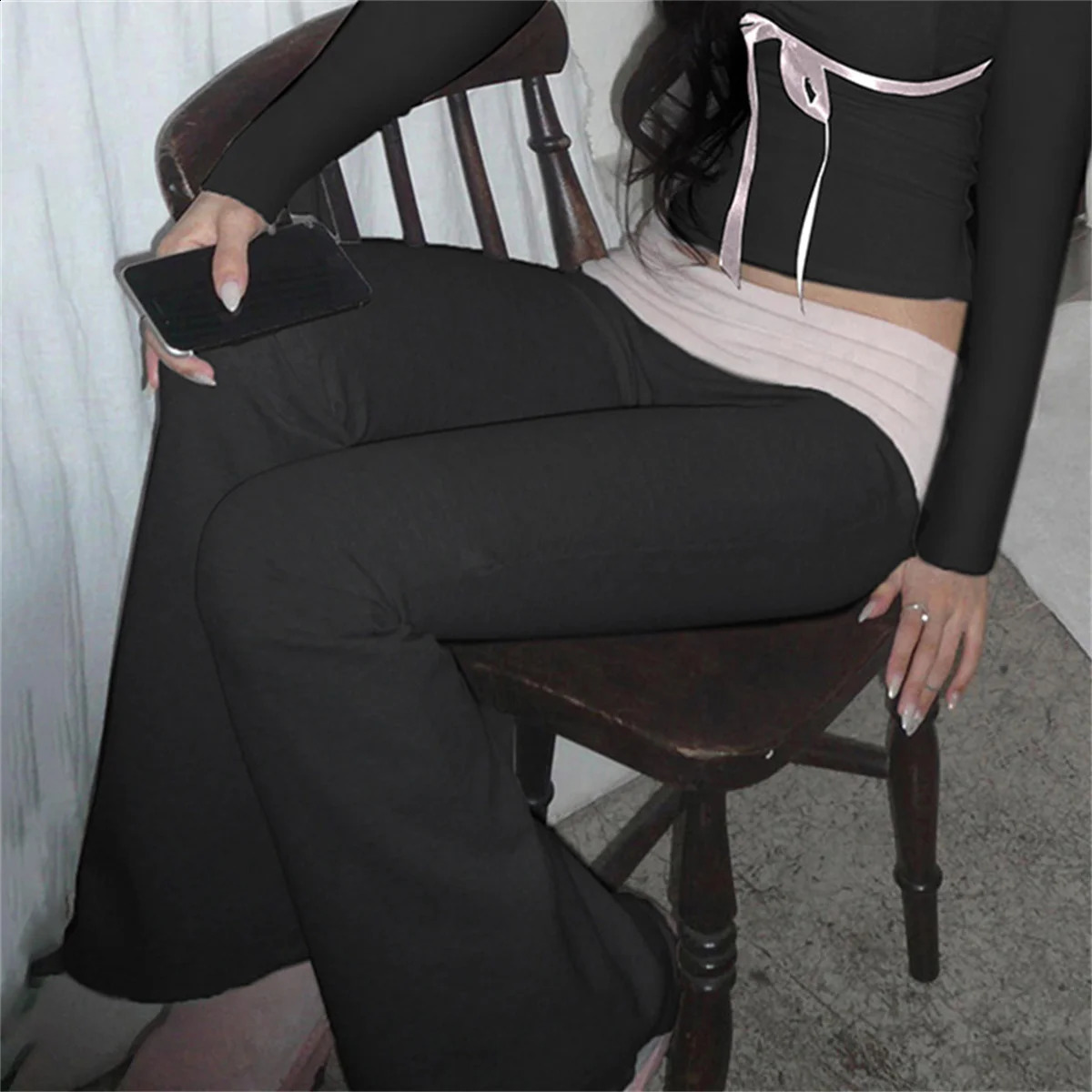 Casual Contrast Color Patchwork Flare Pants Grey Black High Waist Slim-fitting Boot Cut Leggings Jogger Sweatpant Sports Sets 240821