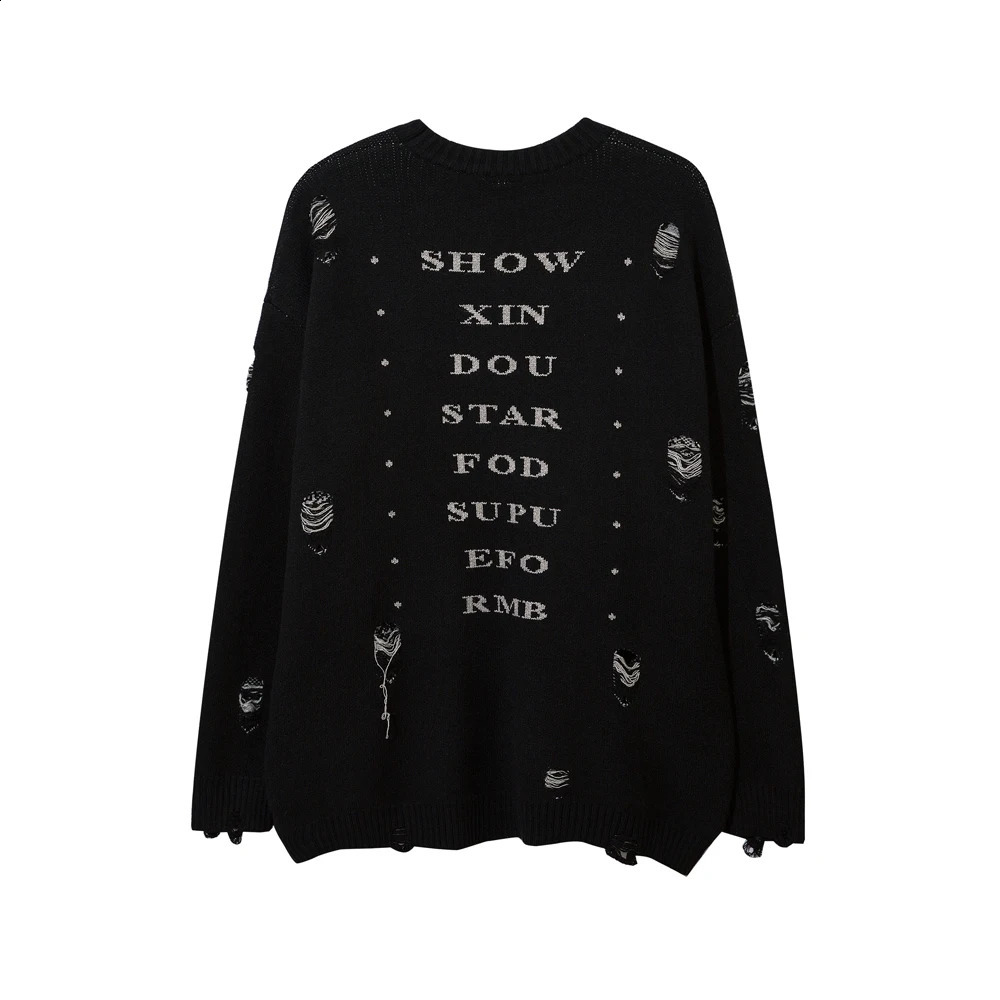 Wearing a necklace with torn oversized sweater knitted black gothic mens style Y2K Grunge womens retro Harajuku top pulled out 240821