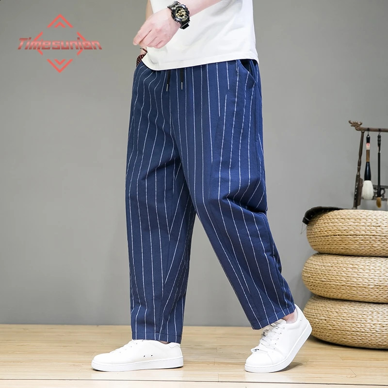Trendy Striped Casual Pants for Men Loose Cotton Linen Pants Chinese Style Wide Legged Sweatpants Full Length Pant Trousers 240822