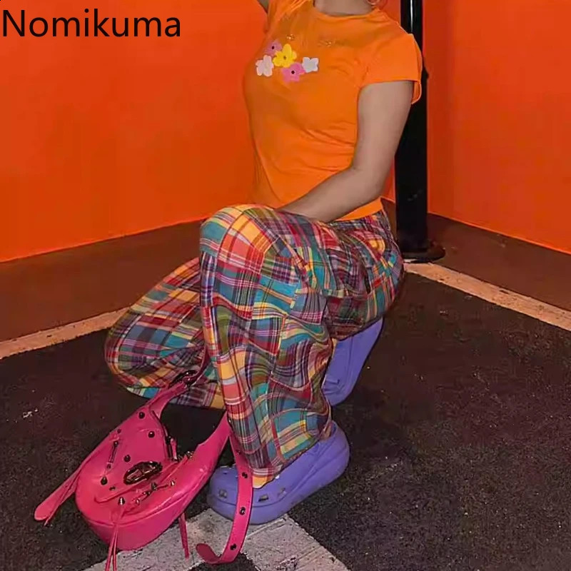 Y2k Wide Leg Pants for Women Bottoms Fashion Rainbow Plaid Trousers High Waist Straight Casual Summer Pantalon Femme 240821