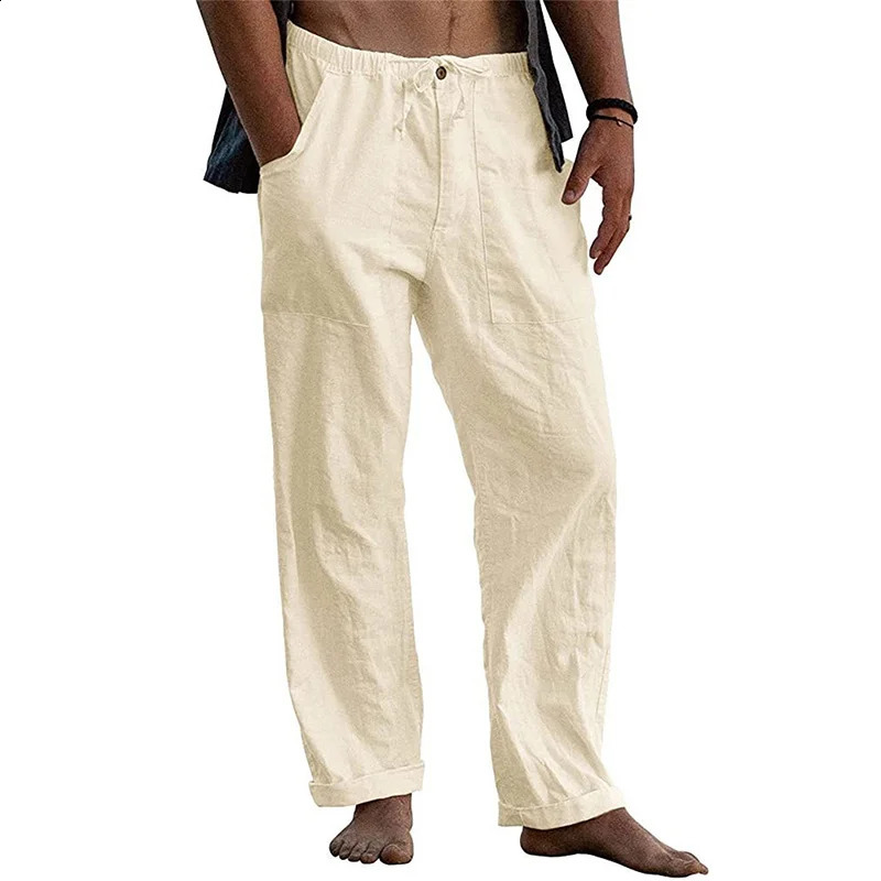 Mens Casual Trousers Home Pants Man Cotton Linen Large Size white Straight trousers Solid Beach black Fitness Pants 240822