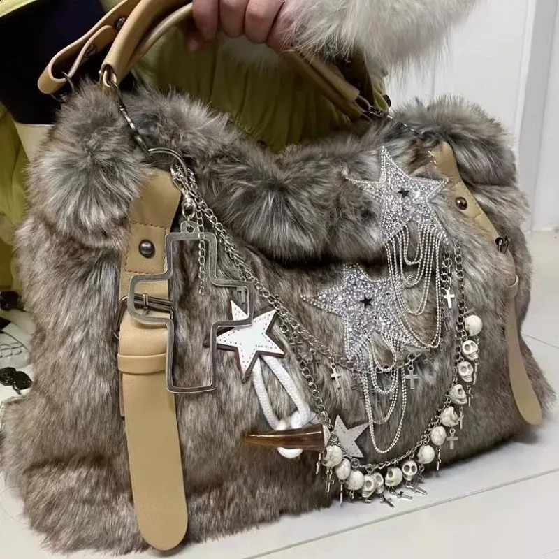 MBTI Y2k Gothic Womens Tote Bag Fluffy Harajuku Fashion Chains Patchwork Winter Shoulder Bag Vintage Large Capacity Handbag 240821