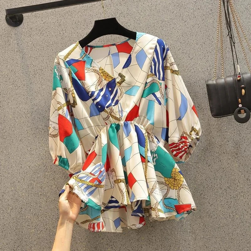 Geometric print chiffon street Vneck zipper loose womens shirt long sleeved clothing fashion 240822