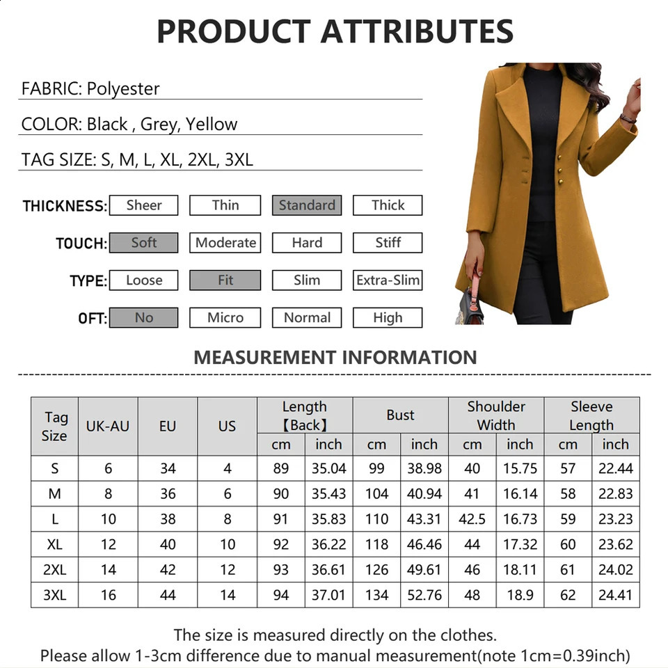Winter Slim Fit Woolen Coat Ladies Solid Color Long Jacket Casual Fashion Button Long Sleeve Stand-Up Mid-length Woolen Coat 240822