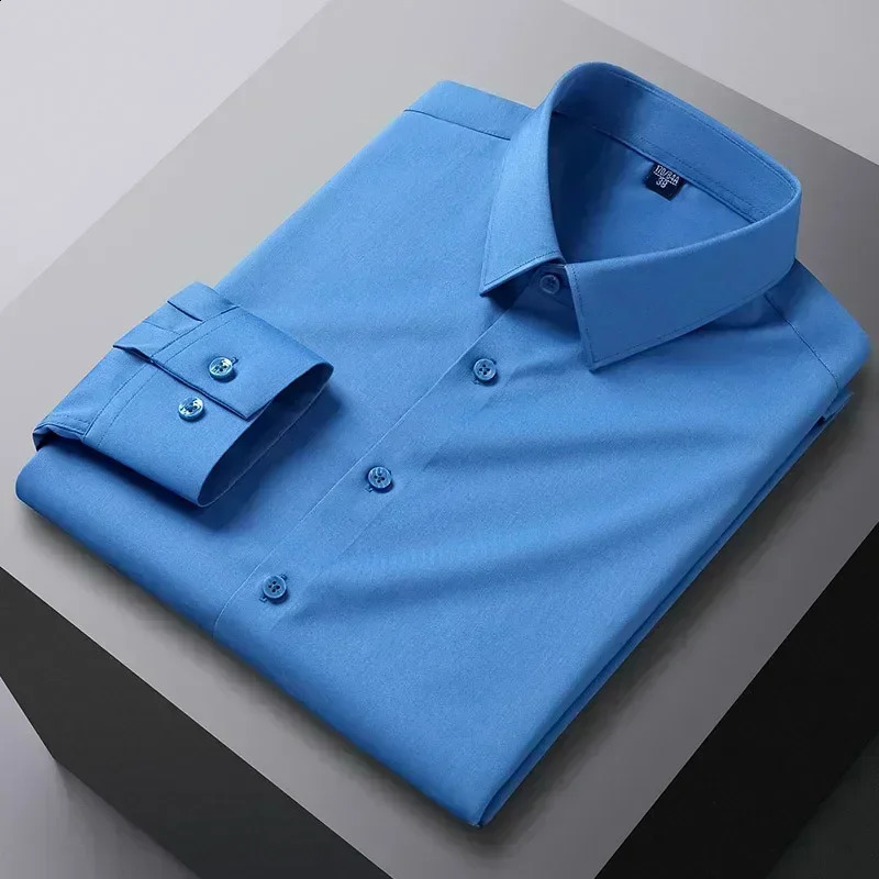 S-6XL High Elastic Mens Shirt Slippery Comfortable Traceless Hanging Non iron Business Casual Slim Fit Long sleeved Shirt 240822
