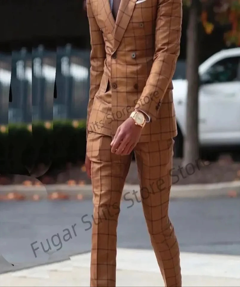 2 Pieces Double Breasted Brown Plaid Wedding Men Suits Slim Fit Lapel Groom Tuxedos Sets Classic Male Blazer Costume Homme 240821
