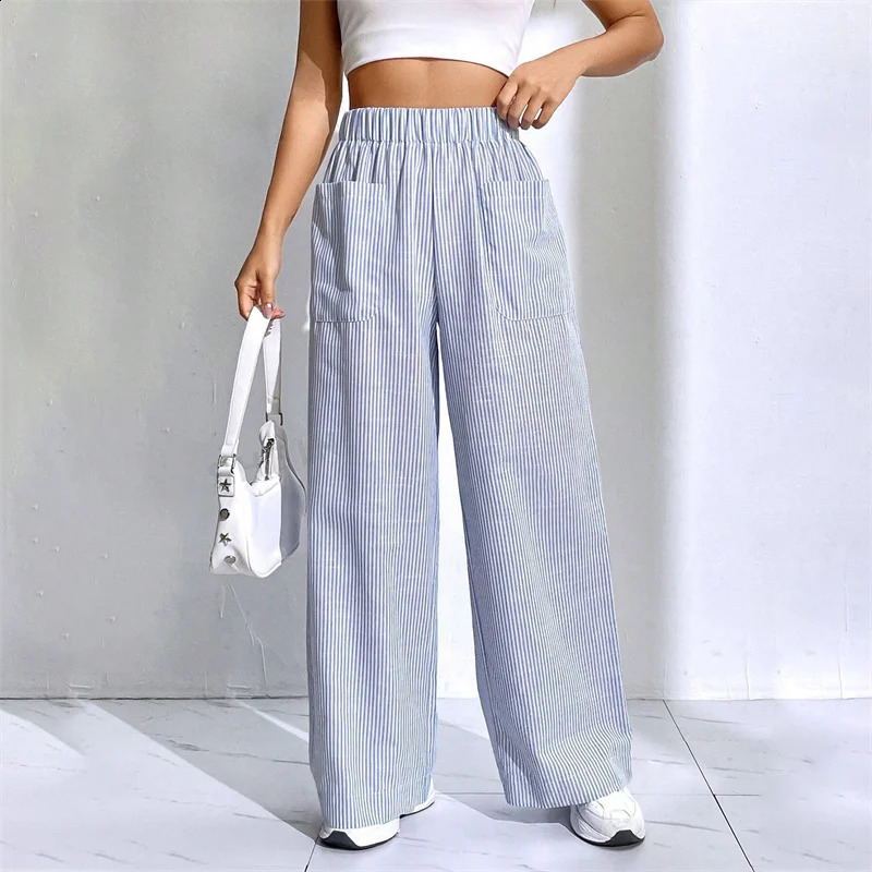 Lamuusaa Women Wide Leg Pants Summer Striped Elastic High Waist Loose Lounge Trousers with Front Pockets y2k Clothing Streetwear 240821