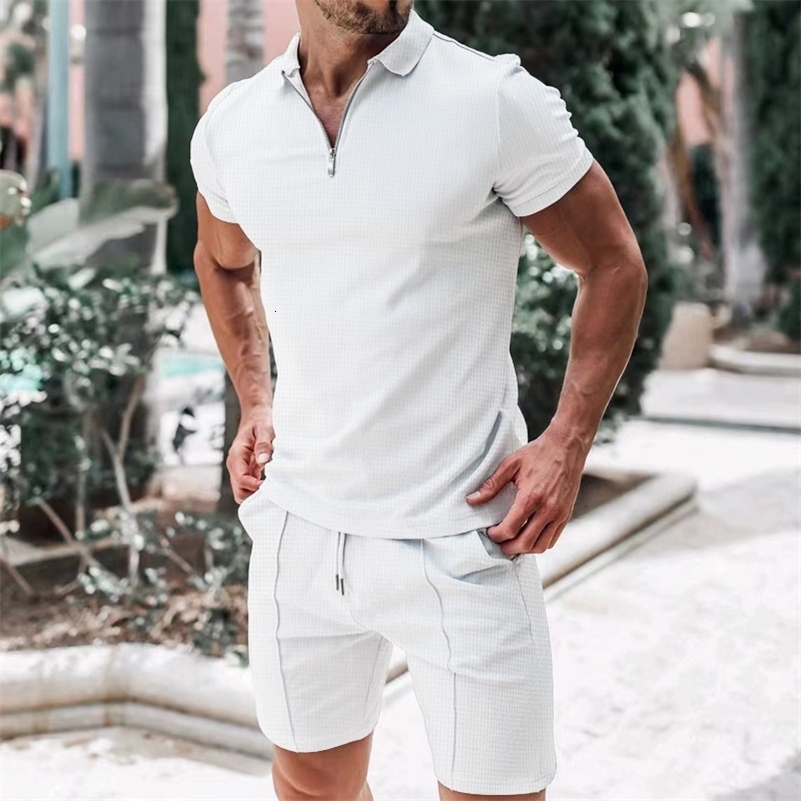 Mens Athletic T-Shirt Set Casual Lapel Short Sleeve Pullover Zip Up T-shirt Shorts 2-Piece Sets Mens Solid Sporty Suits 240821