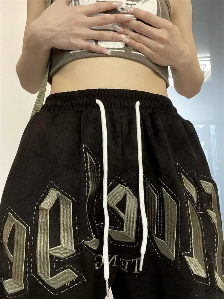 QWEEK Hip Hop Gray Joggers Sweatpants Women Oversized Letter Embroidery Streetwear Black Track Pants Y2K Kpop Jogging Pantalon 240821
