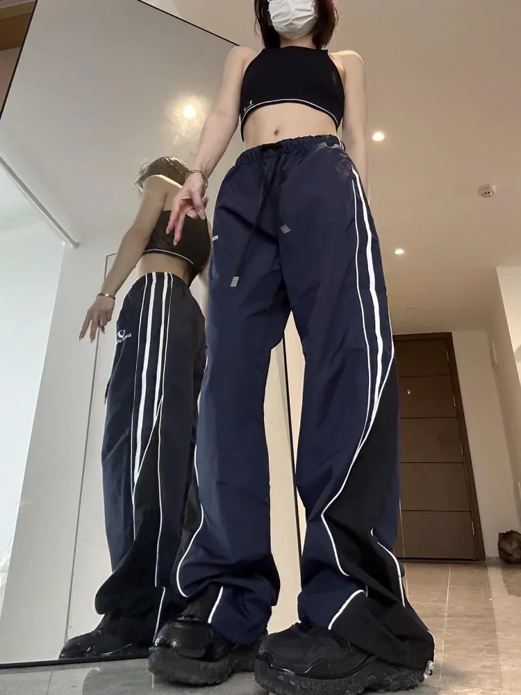 HOUZHOU Vintage Y2k Track Pants Women Hip Hop Gyaru Wide Leg Sports Pants Casual Oversized Parachute Trousers Korean Streetwear 240821