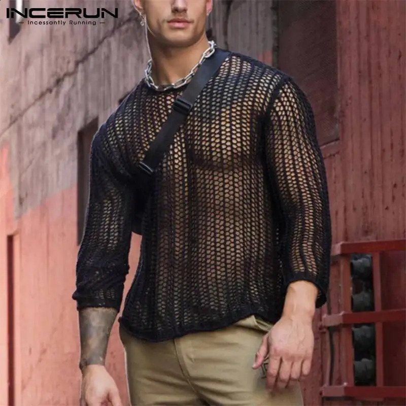 INCERUN Mens Mesh Tshirt Transparent Sexy Oneck Long sleeved Street Clothing Solid Party Nightclub Camisetas S5XL 240822