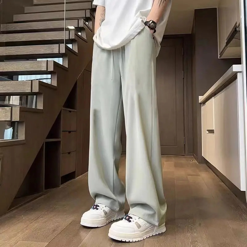 Summer Fashion Thin Ice Silk Loose Straight Pants Men Solid Elastic Waist Drawstring Pocket Casual Ventilate Wide Leg Trousers 240822