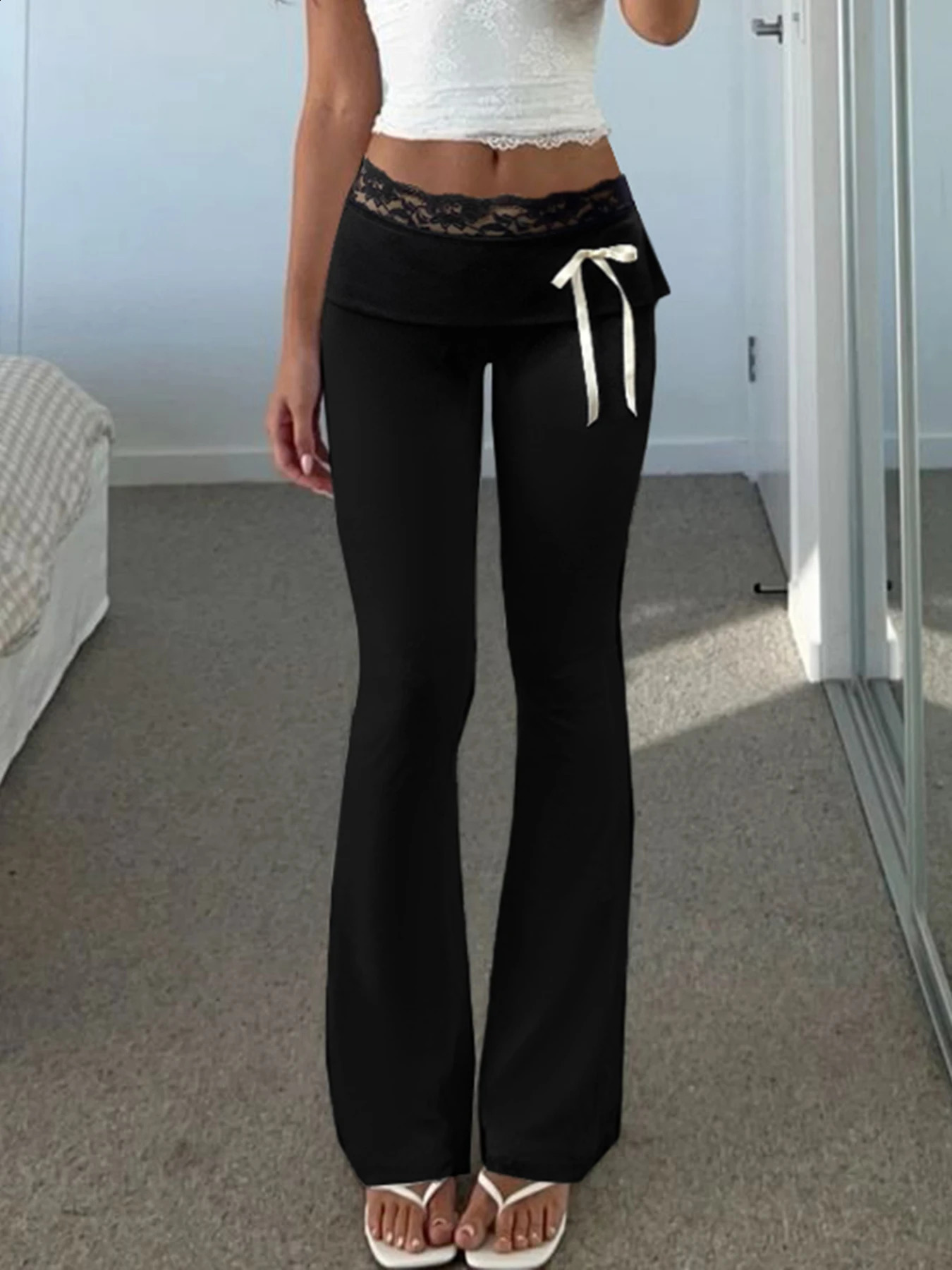 Cuteandpsycho Lace Patchwork Bow Straight Pants Y2K Fashion Aesthetic Cute Trousers Harajuku Streetwear Joggers 2000s Bottoms 240821