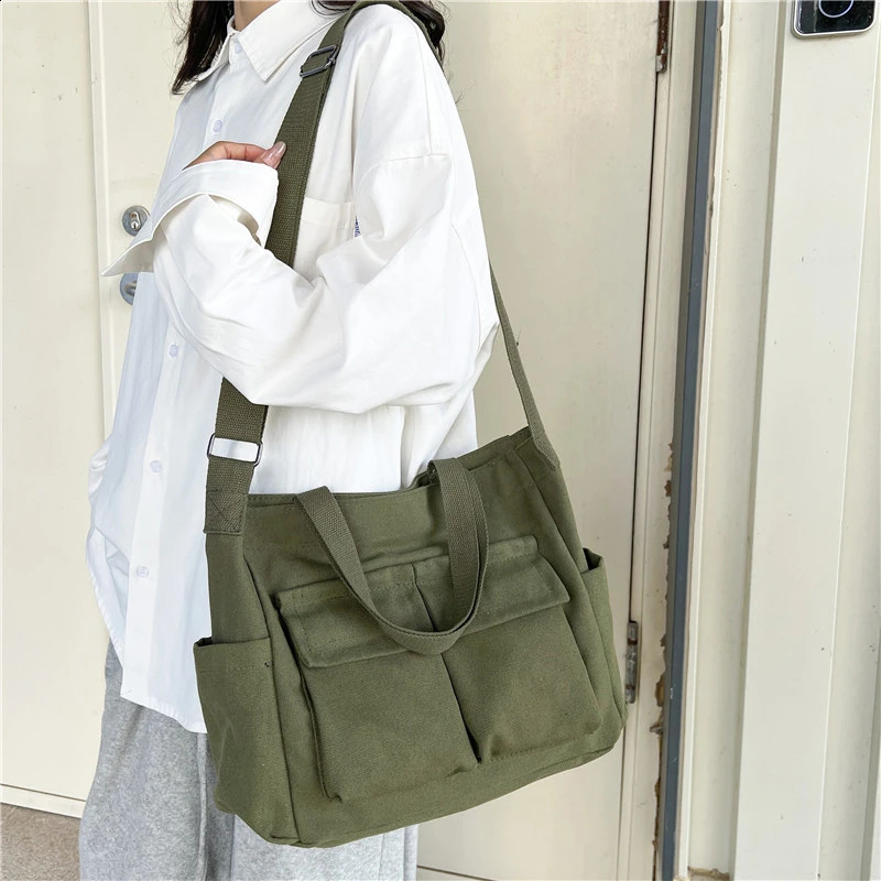 Casual Canvas School Bag For Women Versatile Large Capacity Messenger Bag Female Military Green Travel Shoulder Handbag Tote Bag 240821