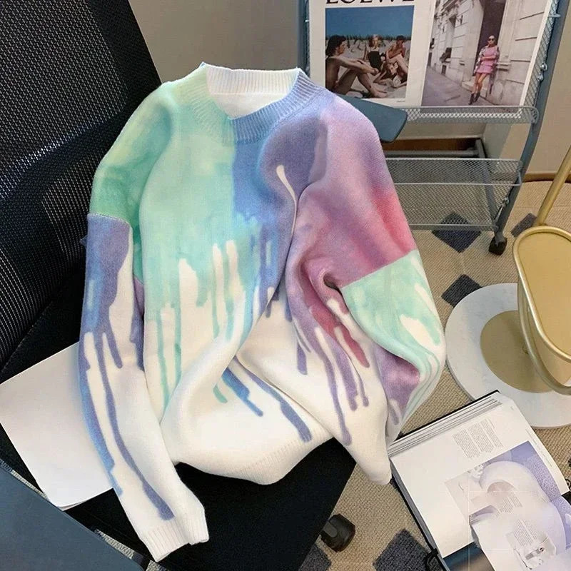 Mens Clothing Crewneck White Tie Dye Knit Sweater Male Pullovers Round Collar Ugly Sheap Y2k Streetwear Korean Autumn Clothes A 240821