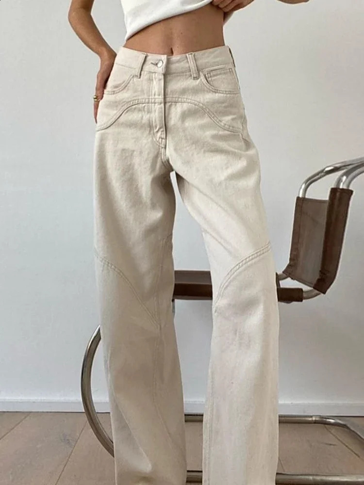 HOUZHOU Beige Jeans Baggy Women Casual Denim Trousers Vintage High Waist Wide Leg Pants Classic Streetwear Fashion Autumn Ladies 240821