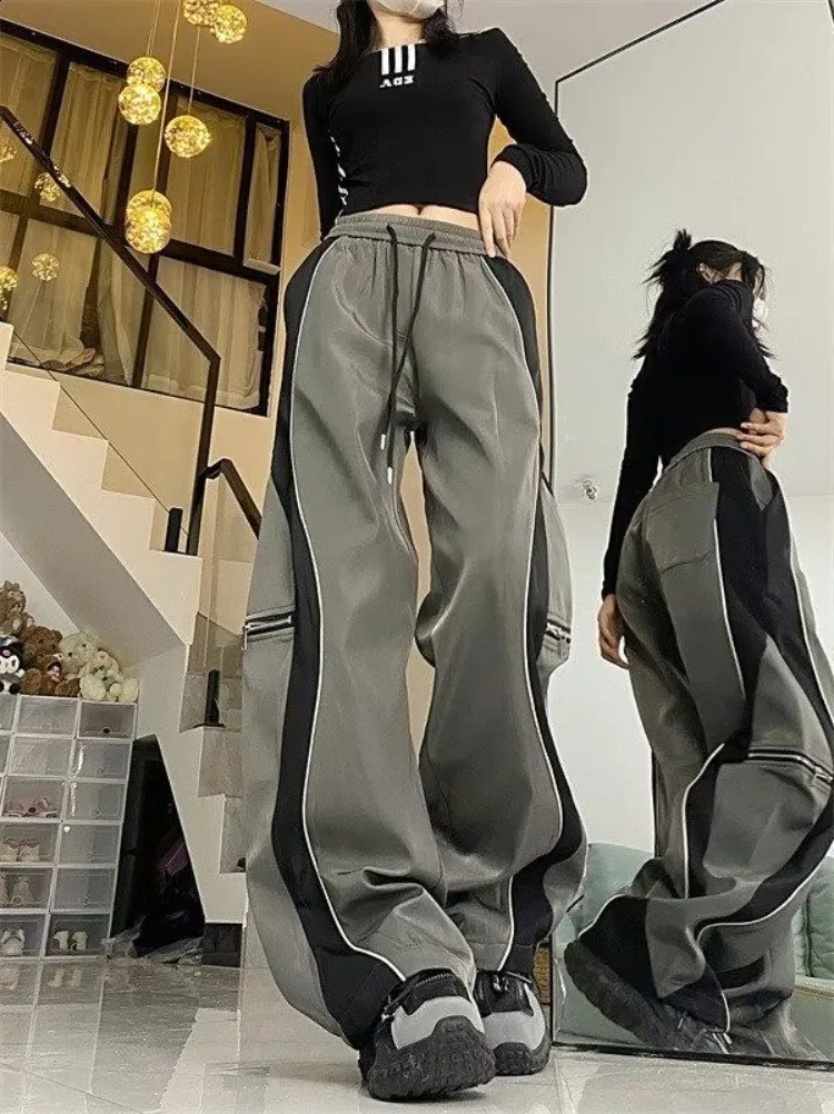Y2K Line n Pant Women Drawstring Pockets Wide Leg Chic Punk Pants Baggy Striped Sports Sweatpants Parachute Jogger Trousers 240821