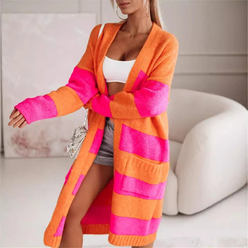 Fashion Clashing Patchwork Cardigan Jacket Autumn Women Casual Loose Sweater Coat Winter Elegant Long Sleeve Long Knitted Coats 240813