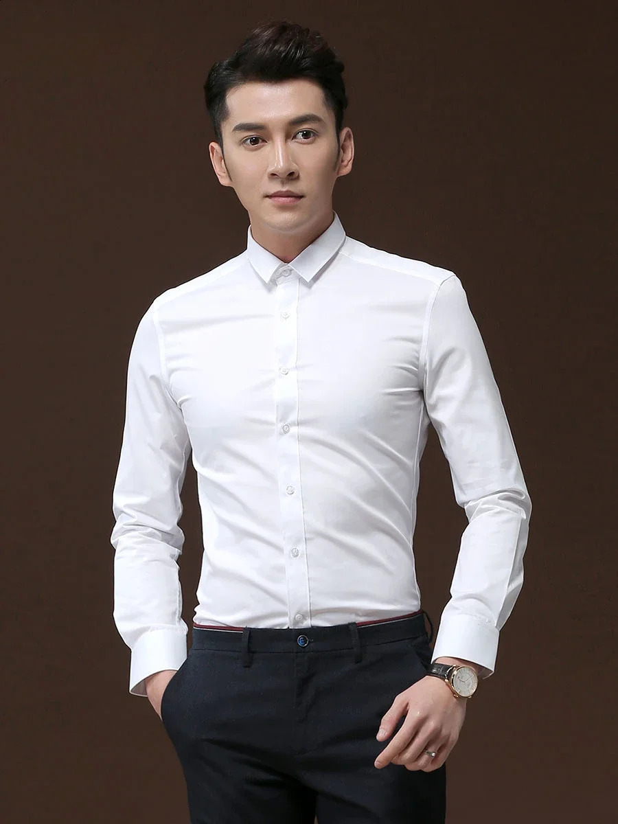 Mens long sleeved shirts slim fitting clothes white business casual formal clothes inch shirts youth spring shirts 240822