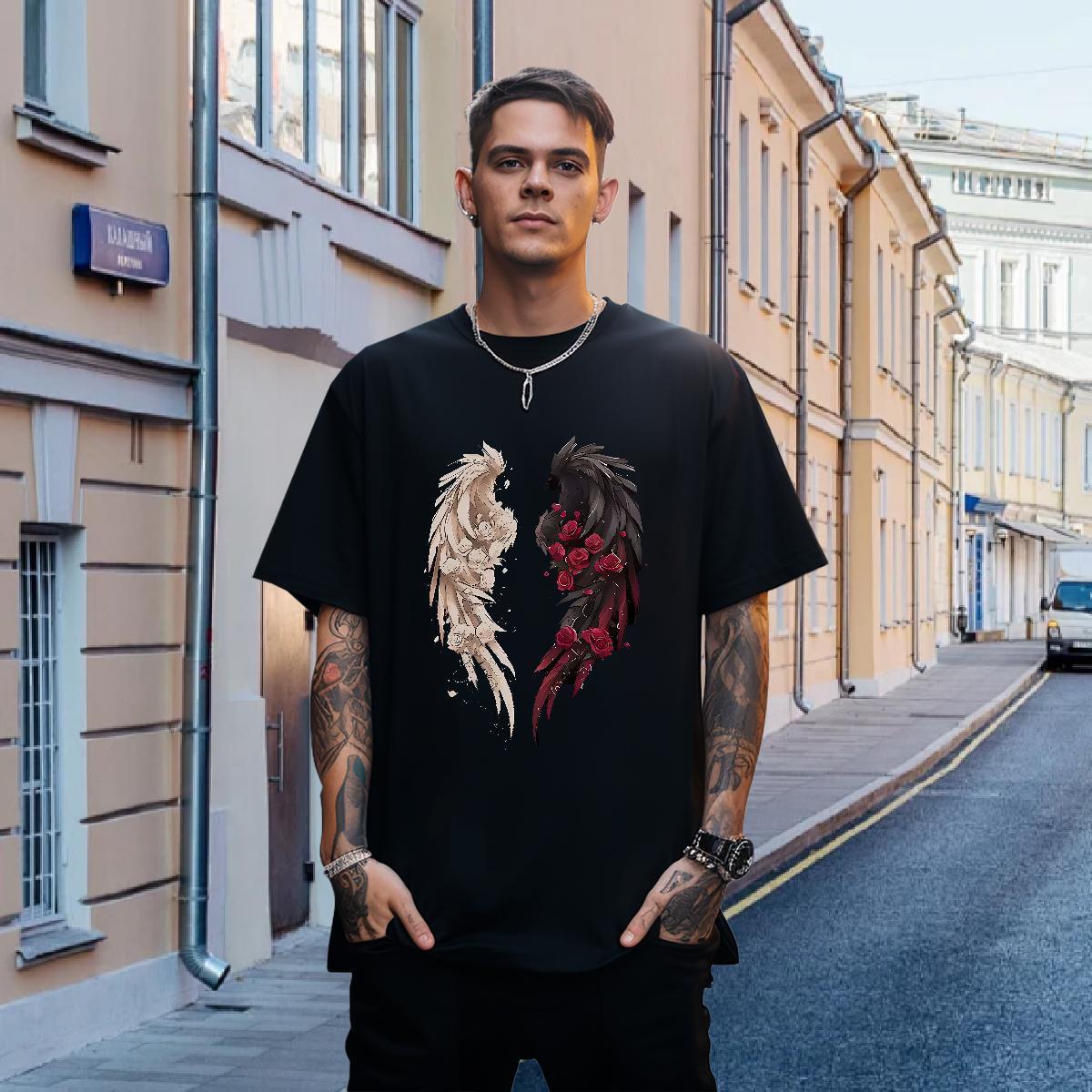 Casual New Men Tops Tees 230g Cotton Hip Hop wing Crew Neck Breathable Man T Shirts Comfortable Black Oversized Clothings
