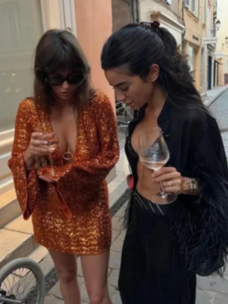 Casual Dresses Elegant Shiny Sequin V-neck Hollow Out Mini Dress Women Deep-v A-line Long Flare Sleeve Vestidos Sexy Fashion Lady Partywear