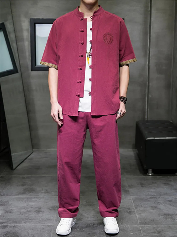2 Pieces Summer Cotton Sets Men Chinese Style Solid Color Casual Tracksuit Streetwear Mens Short ShirtsLong Pants Plus Size 5XL 240821