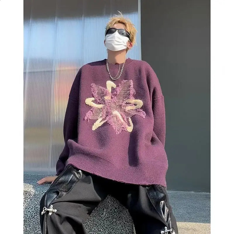 Thickened Sweater Men Purple Knitted Harajuku Sweater Autumn And Winter n Sense Top Long Sleeve Jumper Star Pattern 240821