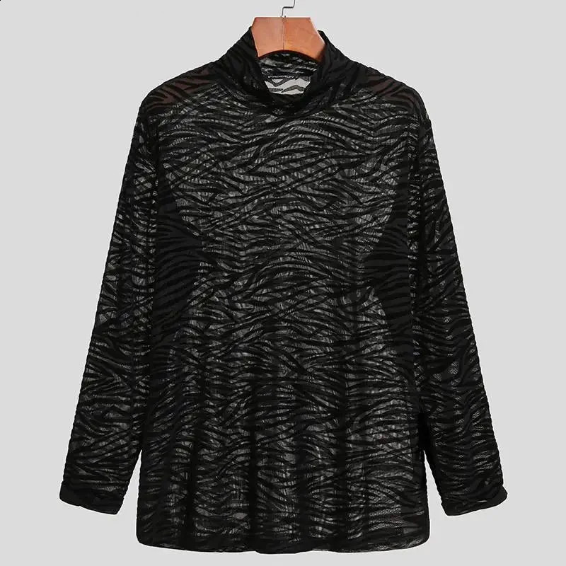 Mesh Shirt Long Sleeve Turtle Neck Nightclub Elastic Sexy Tshirt Spring Fashion Zebra Stripe Transparent Mens 240822