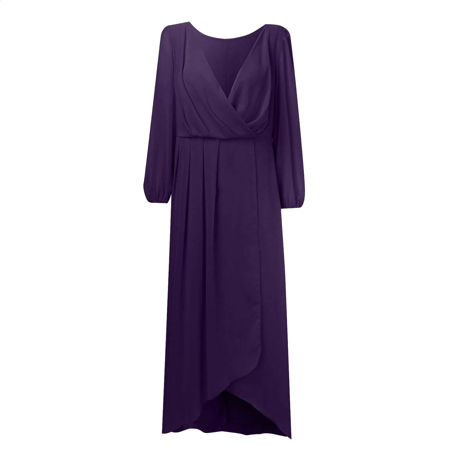 Women Chiffon Spring V Neck Dresses Long Sleeves Pleated A Line Midi Length Wedding Guest Dress Solid Elegant Tunic Dress