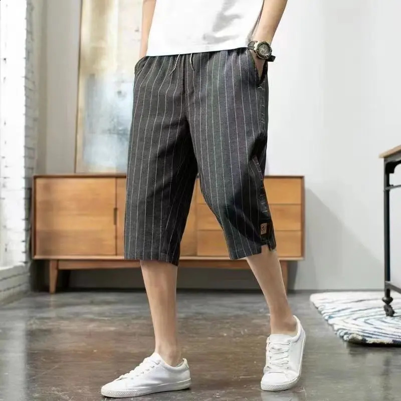 Summer Mens Cotton Linen Cropped Pants Fashion Casual Loose Wide Leg Straight Trouser Vintage Calf-Length Shorts Streetwear 240822
