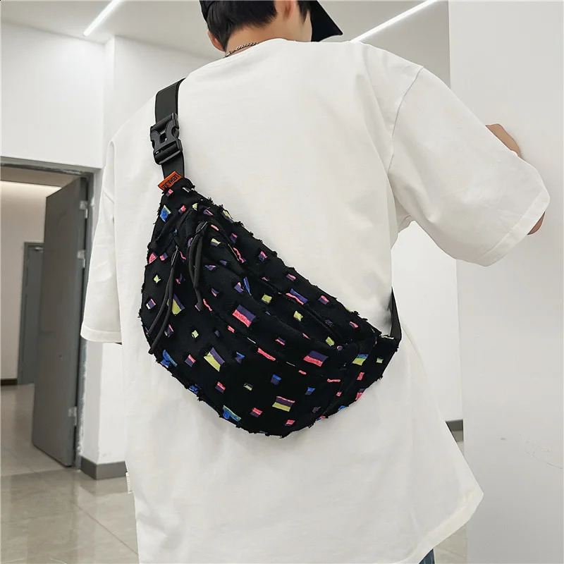 cracked hole hiphop punk Fanny bag mens large capacity canvas single shoulder cross body 240821