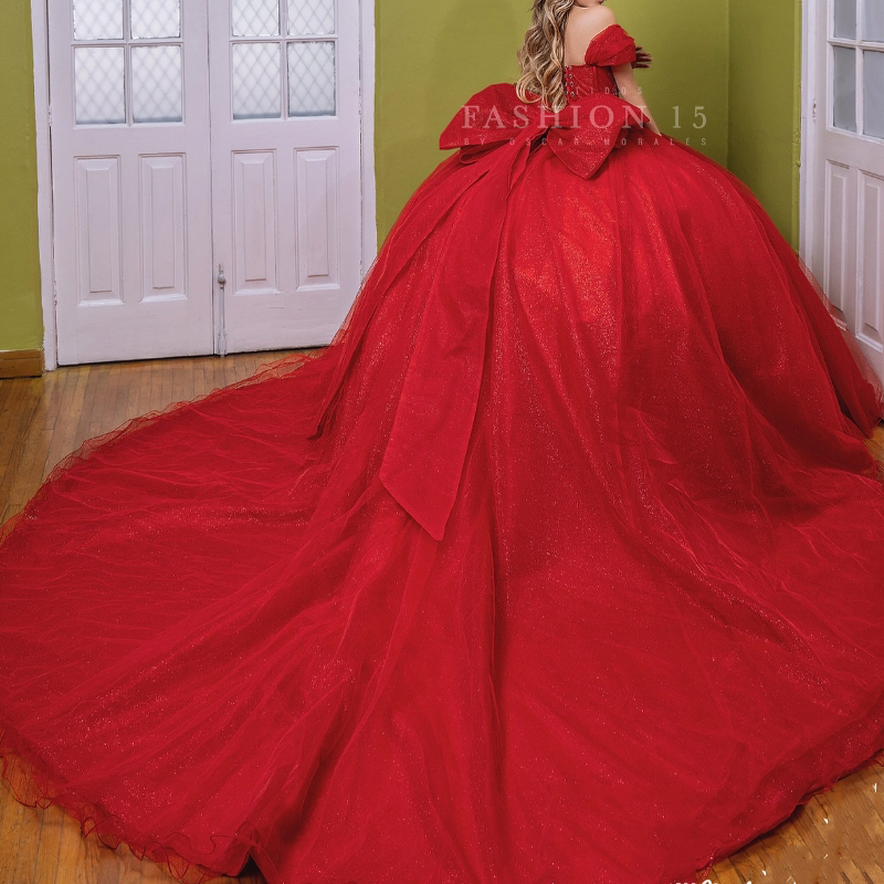 Red Shiny Quinceanera Dress Ball Gown Off The Shoulder Beads Crystals Bow Tull Corset Birthday Party Sweet 16 Vestido De 15 Anos