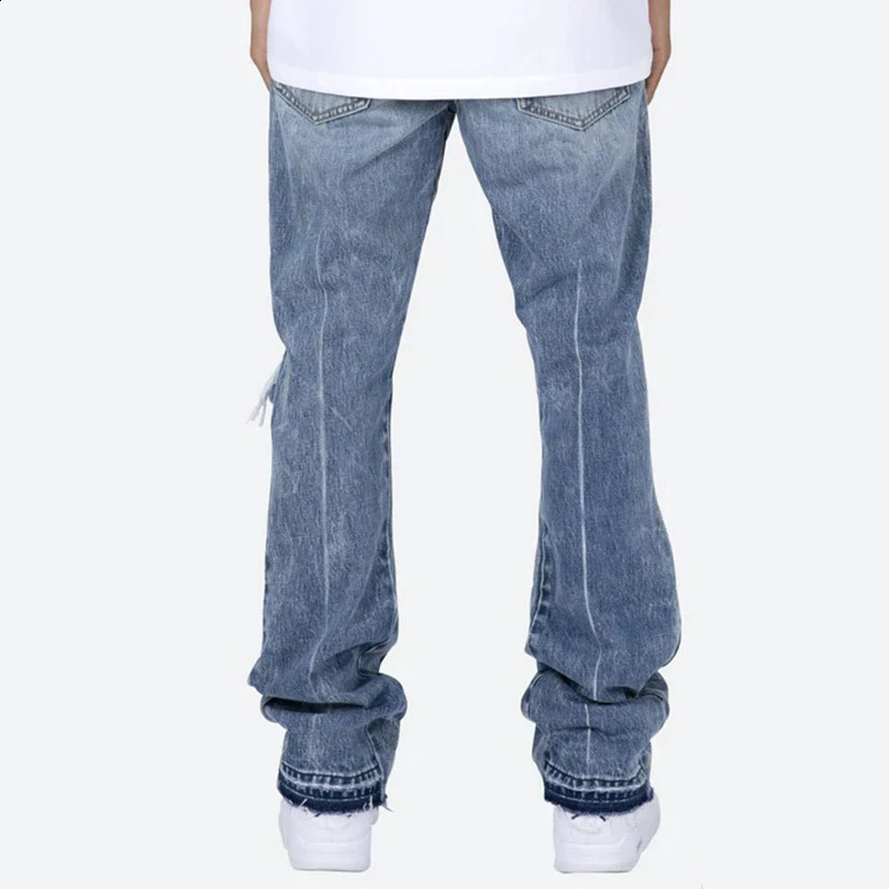 Contrast Color Hole Washed Blue Jeans for Men Streetwear Loose Ripped Flare Pants Frayed Retro Casual Oversized Denim Trousers 240821