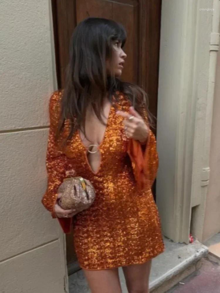 Casual Dresses Elegant Shiny Sequin V-neck Hollow Out Mini Dress Women Deep-v A-line Long Flare Sleeve Vestidos Sexy Fashion Lady Partywear