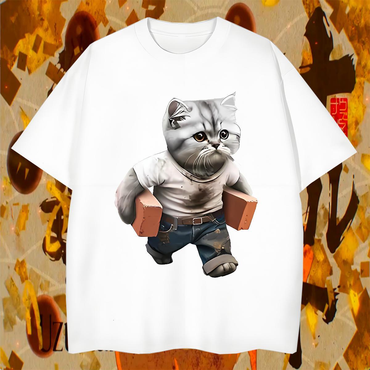Soft T shirt cat Breathable Short Sleeve Street Wear Anime Print 230g Pure Cotton Men Tees New Arrival Tops Tees