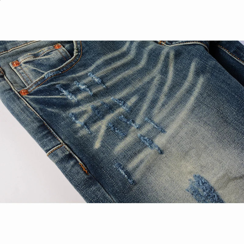Summers Streetwear High Stretch Skinny Button Fly Classic Light Blue Ripped Moustache Jeans Pants 240822