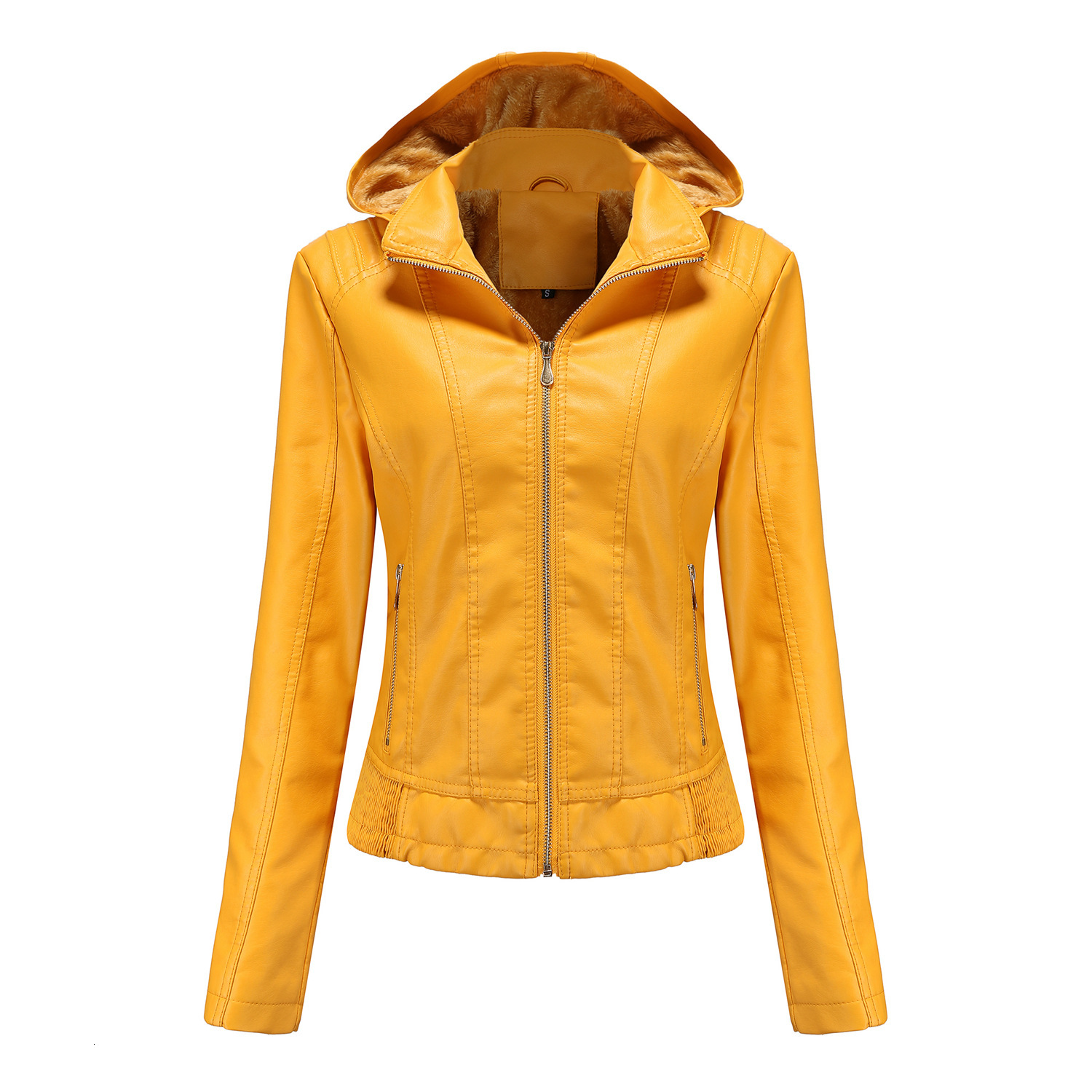 Aw Hooded Leather Womens Detachable Hat Zipper Long Sleeve Plush Leather Jacket European Size Slim Fit Coat