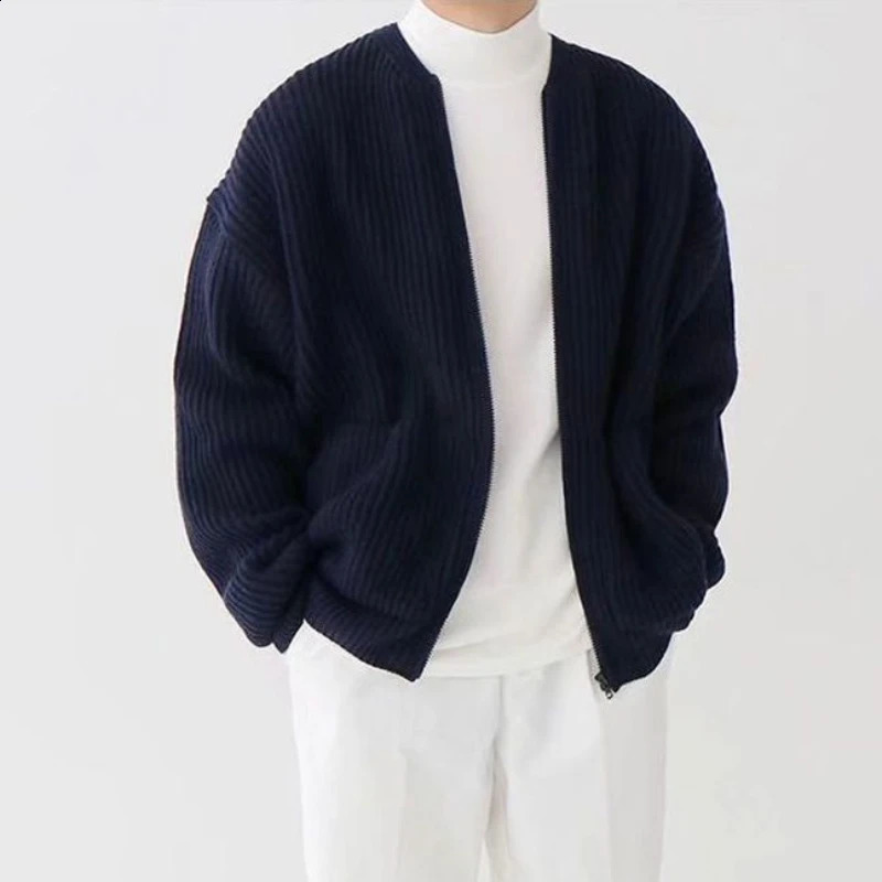 Knitted Sweaters for Men Round Collar with Pockets Man Clothes Plain Zip-up Jacket Cardigan Crewneck Solid Color Coat Zipper A S 240821