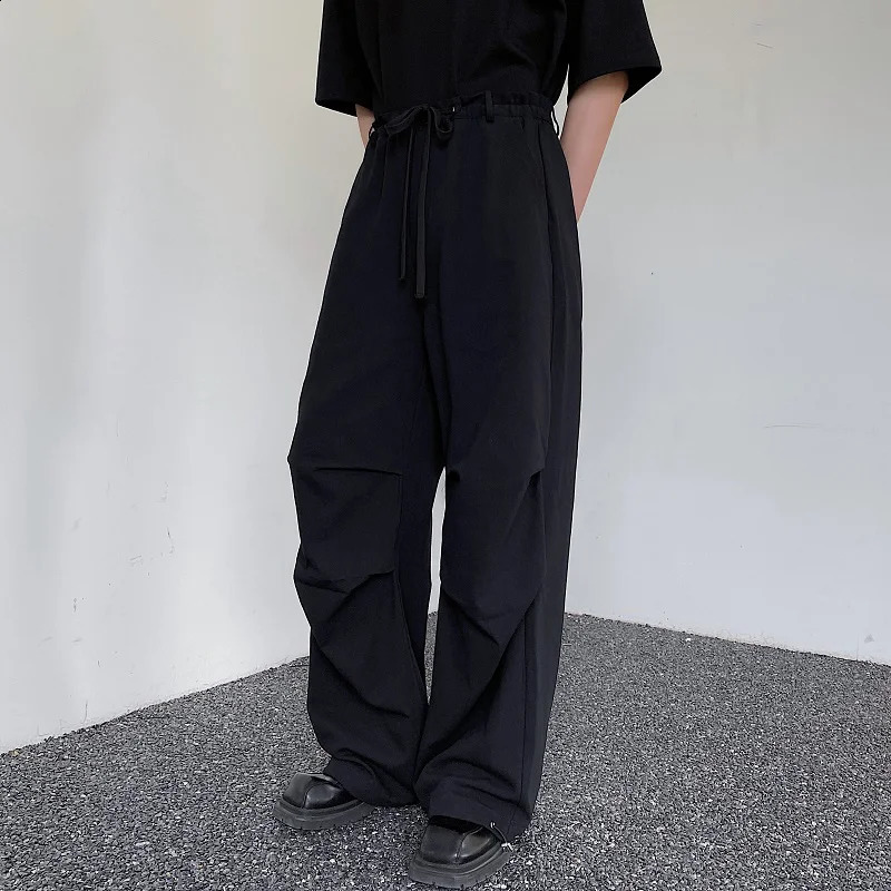 IEFB Pleated Mens Cargo Straight Pant Casual Drawstring n Solid Color Male Wide Leg Trousers Vintage Spring Chic 9C116 240822