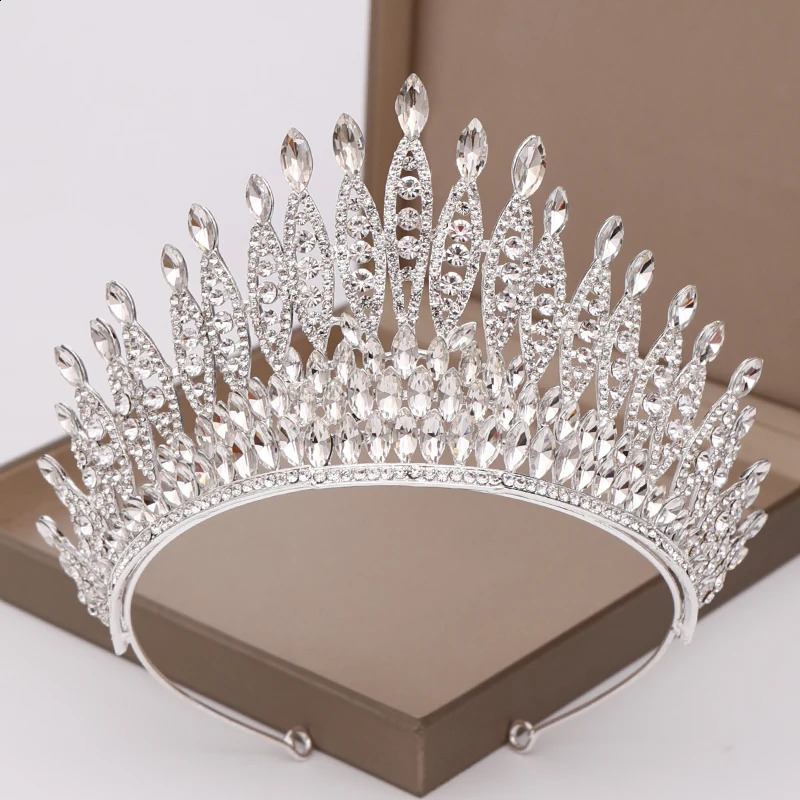 Trendy Silver Color Rhinestone Crystal Queen Big Crown Bridal Wedding Tiara Women Beauty Pageant Bridal Hair Accessories Jewelry 240814