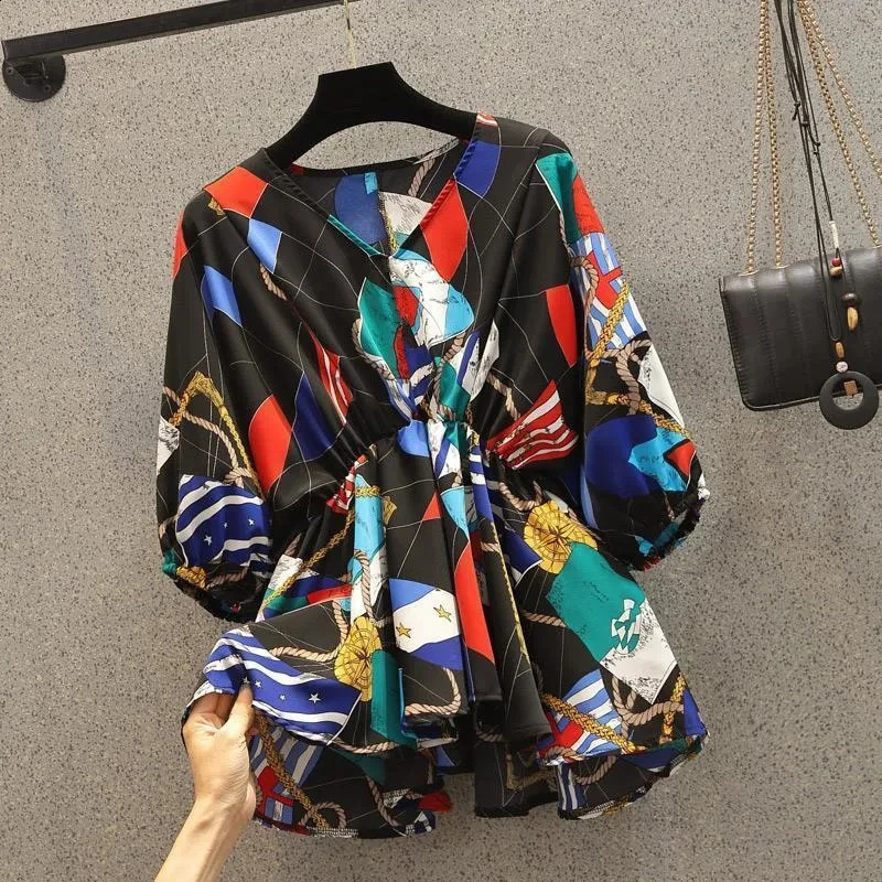 Geometric print chiffon street Vneck zipper loose womens shirt long sleeved clothing fashion 240822