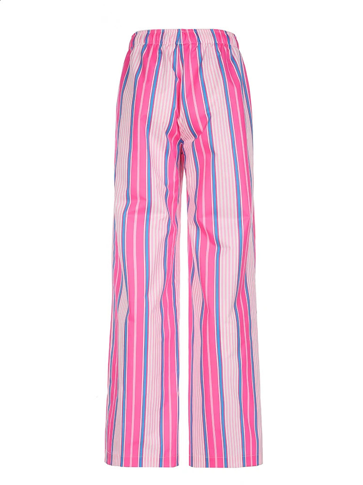 Pink Stripe Woven Straight Pants Women Drawstring Elastic Waist Casual Y2K Trousers 240821