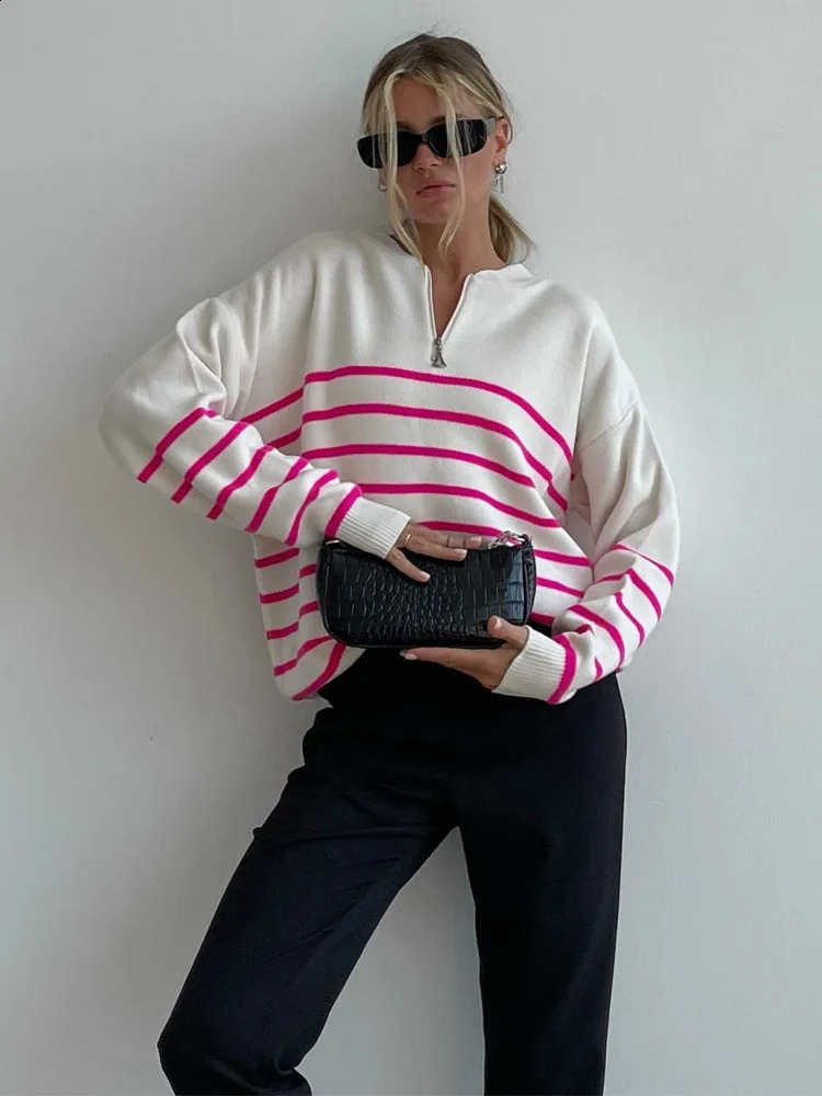 Winter Fashion Style Striped Knit Pullover Sweater Half Zip Ladies Casual Pullover Knitted Tops Women Sweater 240821